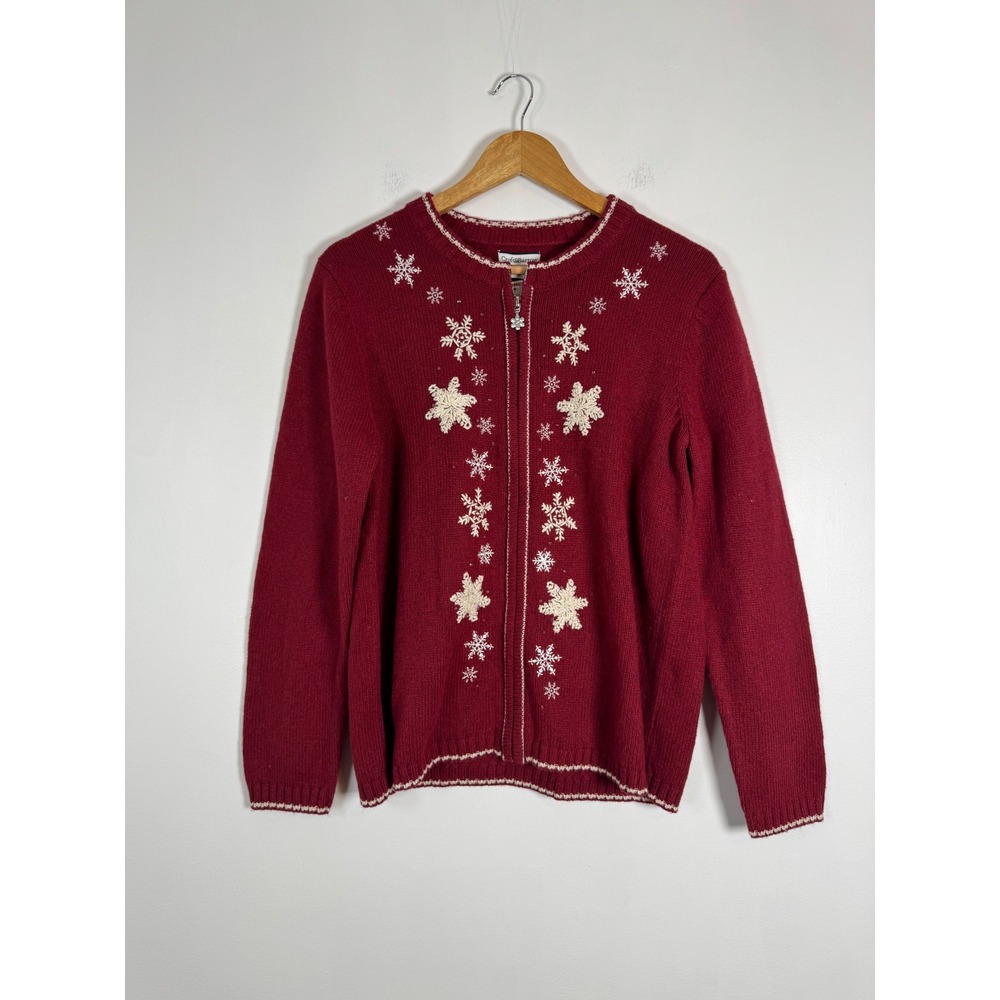 Wintercore Croft & Barrow Womens Medium Cardigan Red Snowflake Silk Blend Zip Up